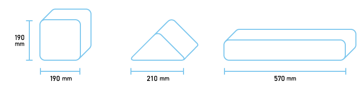 正方形タイプは1辺190mm、三角形タイプは底辺210mm、長方形タイプは長さ570mmです。